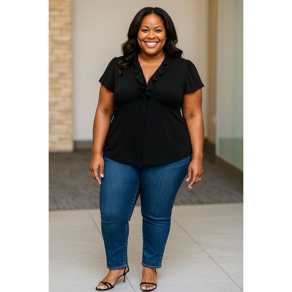 Perceptions Plus Size 2X Blouse Ruffle Button Down Short Sleeve Black Women - Picture 9 of 9